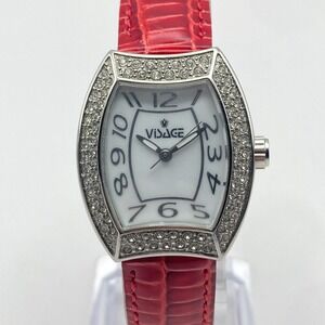 Visage Womens Watch 26mm Silver Tone Crystals Bling Red Band New Battery 7.5"